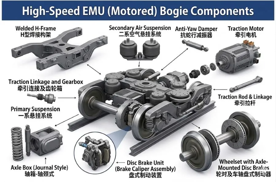 Detailed 3D rendering of a high-speed EMU motored bogie with welded H-frame, air suspension, and disc brakes.