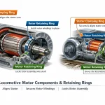 Locomotive traction motor diagram showing stator clamping ring, rotor retaining ring, and motor retaining ring positions