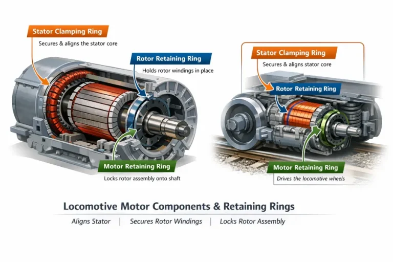 Locomotive traction motor diagram showing stator clamping ring, rotor retaining ring, and motor retaining ring positions