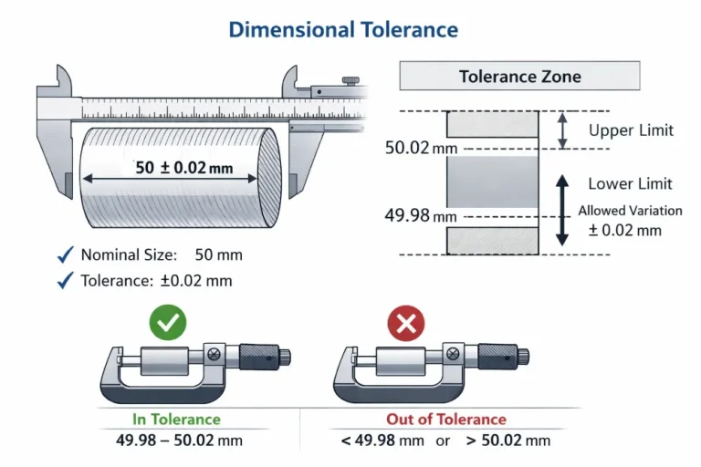 Diagramm der Maßbearbeitungstoleranzen für die Nenngröße Ø50 mm mit einer Toleranz von ±0,02 mm. Akzeptabler Bereich ist 49.98 mm bis 50.02 mm. Jeder Wert außerhalb dieses Bereichs liegt außerhalb der Toleranz.