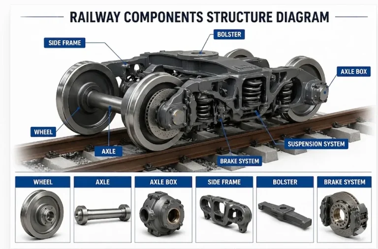 Detailed structure diagram of a railway bogie assembly railway components, showing cast steel components including bolster, side frame, aks kutusu, and disc brake system for freight and passenger cars.