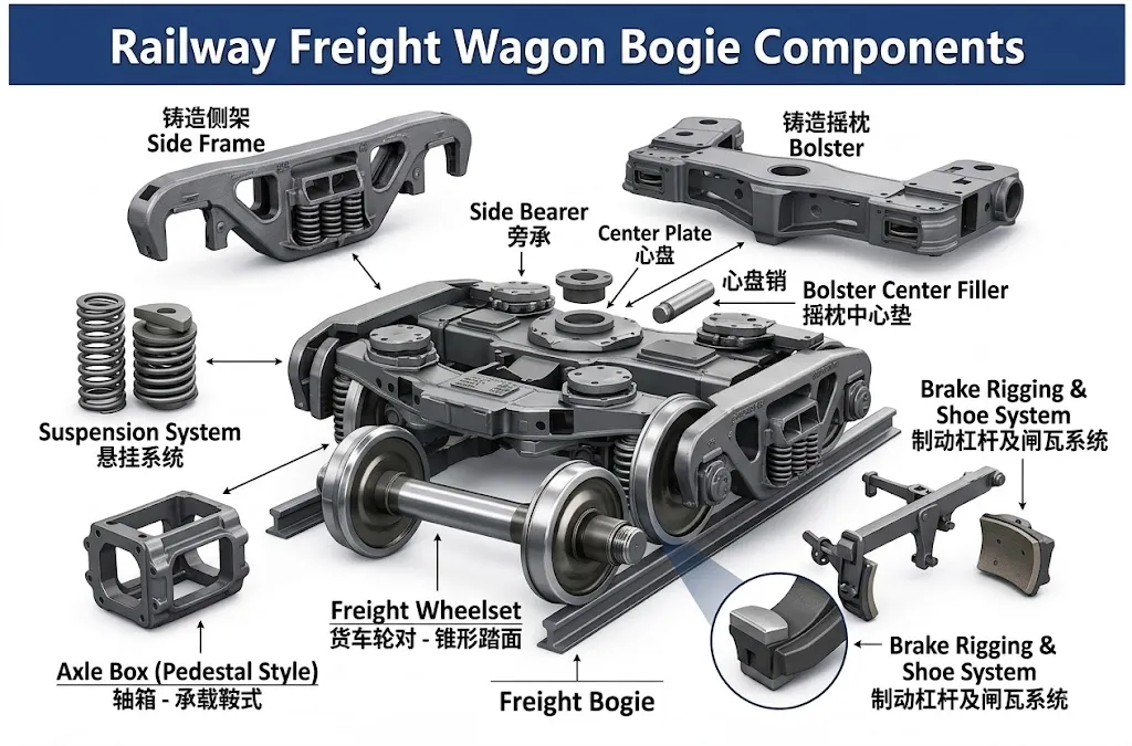 Technical diagram of a three-piece railway freight wagon bogie showing side frame, bolster, and suspension springs.