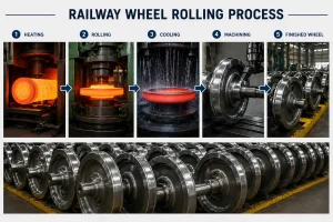 railway wheel rolling process showing hot forging and forming of railway wheel on rolling mill