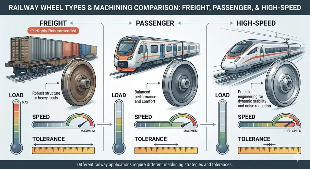 Technical comparison chart of Freight, Passenger, and High-Speed railway wheel showing differences in load capacity, operating speed, and machining tolerance requirements.