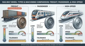 Technical comparison chart of Freight, Passenger, and High-Speed railway wheel showing differences in load capacity, operating speed, and machining tolerance requirements.
