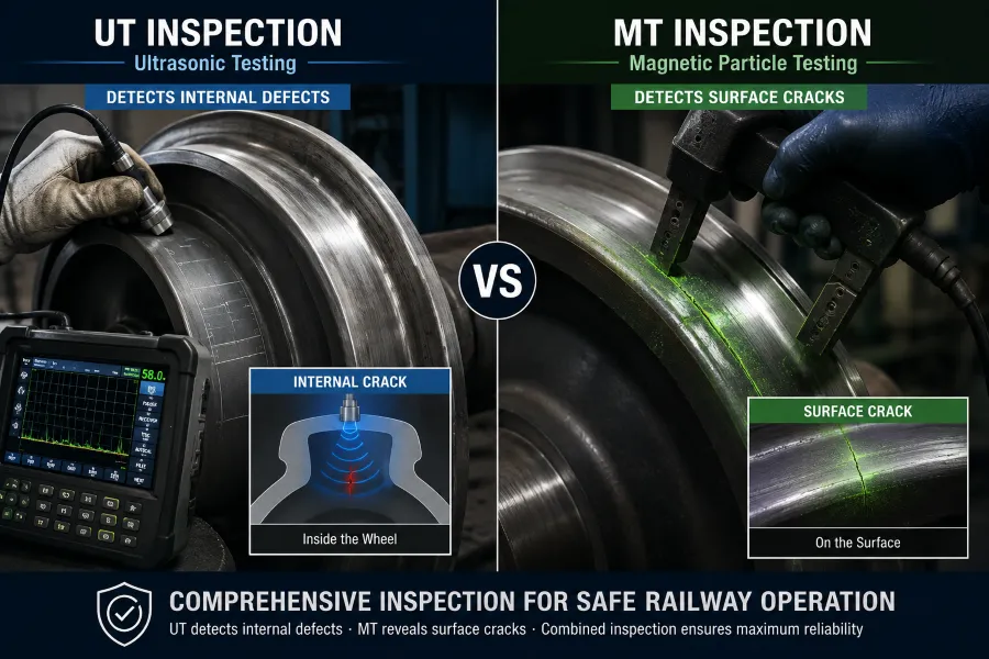 UT contro MT: Qual è la differenza nell'ispezione dei componenti ferroviari? 2 UT and MT inspection of railway wheels for safe railway operation