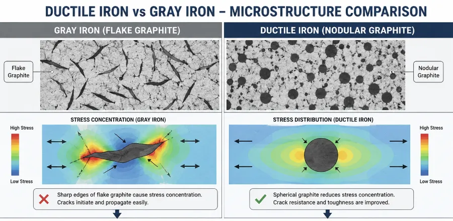 Comparison of ductile iron and gray iron microstructure showing flake graphite in gray iron and spherical graphite in ductile iron, with stress concentration and stress distribution diagrams illustrating crack propagation resistance differences