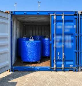 Railway wheels neatly arranged inside a shipping container ready for export