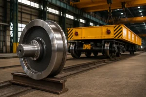 Large forged crane wheels positioned on steel rail with an industrial crane trolley operating in the background inside a factory workshop