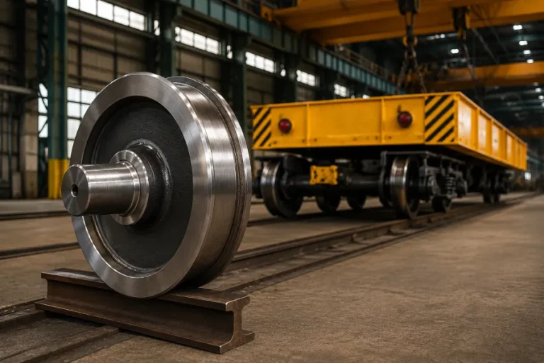 Large forged crane wheels positioned on steel rail with an industrial crane trolley operating in the background inside a factory workshop