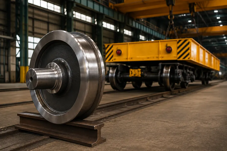 Large forged crane wheels positioned on steel rail with an industrial crane trolley operating in the background inside a factory workshop