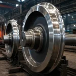 Forged steel locomotive wheels in a railway wheel manufacturing workshop with precision-machined surfaces and heavy industrial production equipment.