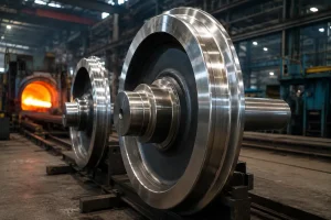 Rodas de locomotivas de aço forjado em uma oficina de fabricação de rodas ferroviárias com superfícies usinadas com precisão e equipamentos de produção industrial pesada.