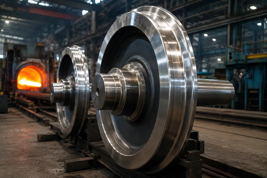 Roues de locomotive en acier forgé dans un atelier de fabrication de roues ferroviaires avec surfaces usinées avec précision et équipement de production industrielle lourde.