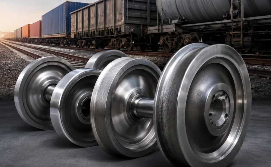 High-strength forged freight wagon wheels positioned in front of railway freight trains carrying bulk and container cargo