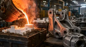 Versamento del metallo fuso negli stampi in schiuma durante il processo di fusione della schiuma a perdita con getti di attrezzature pesanti di grandi dimensioni in una fonderia industriale