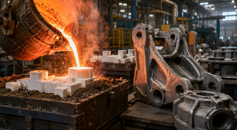 Molten metal pouring into foam pattern molds during lost foam casting process with large heavy equipment castings in an industrial foundry