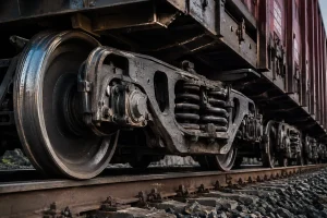 Low-angle close-up view of a heavy freight train bogie showing wheelsets, suspension springs, side frames, and steel structural components under loaded wagon conditions