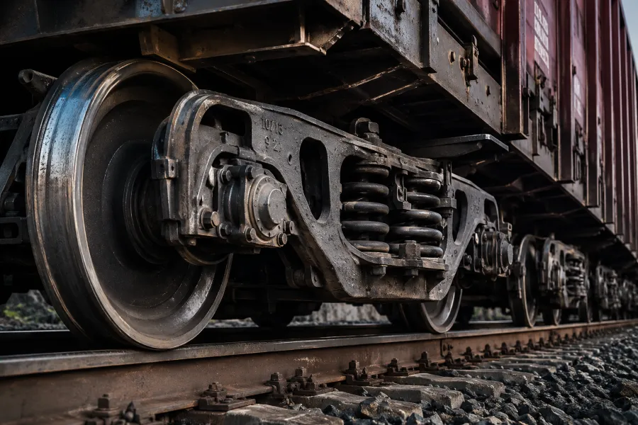 Low-angle close-up view of a heavy freight train bogie showing wheelsets, suspension springs, side frames, and steel structural components under loaded wagon conditions