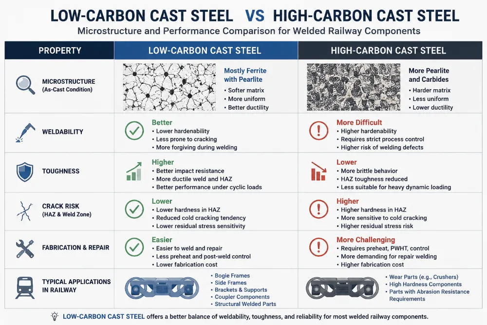 Hvorfor lav-carbon støbt stål yder bedre i svejsede jernbanekomponenter 2og modstand mod revnersejhed Side-by-side comparison of low carbon steel and high carbon steel showing differences in weldability, toughness, and crack resistance