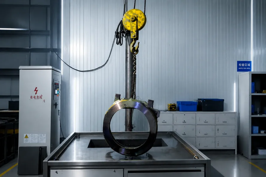 UT contro MTe Qual è la differenza nell'ispezione dei componenti ferroviariato sottoposto a ispezione con particelle magnetiche in una moderna officina industriale NDT con attrezzatura per test magnetici del conduttore centrale Railway Component Inspection Large forged steel ring undergoing magnetic particle inspection in a modern industrial NDT workshop with central conductor magnetic testing equipment.