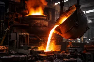 colata di ferro fuso dalla siviera in fonderia industriale durante il processo di fusione del ferro duttile con forno e operazione di fusione