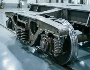 A heavy-duty railway bogie frame with wheelsets and suspension springs, positioned on a clean concrete floor inside a spacious, empty industrial warehouse with high ceilings and metal beams.