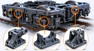 Pièces moulées en fonte ductile Bogie ferroviaire montrant les composants du support en fonte ductile, y compris le support de suspension de frein, siège à ressort, et support de montage du registre avec schéma technique étiqueté