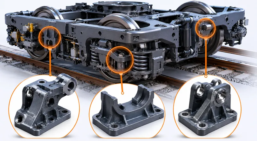 Bogie ferroviário de peças fundidas em ferro dúctil mostrando componentes do suporte de ferro dúctil, incluindo suporte de suspensão de freio, assento de mola, e suporte de montagem do amortecedor com diagrama de engenharia rotulado