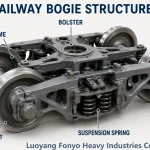 Detailed railway bogie structure diagram showing main components including wheelset, axle, frame, suspension system, and load distribution points