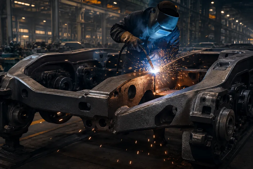 Hvorfor lav-carbon støbt stål yder bedre i svejsede jernbanekomponenteromponent i et industrielt værksted kraftig stålramme, der er typisk for fremstilling af bogie- eller jernbaneunderstel A welder fabricating a large railway cast steel structural component in an industrial workshop, with visible sparks and heavy steel frame typical of bogie or railway underframe parts manufacturing.