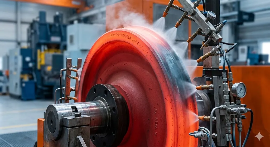 제조에서 철도 바퀴 미세 구조 제어가 중요한 이유속냉각열처리 공정 Continuous cooling heat treatment process for forged railway wheel rim and tread area at manufacturing plant.