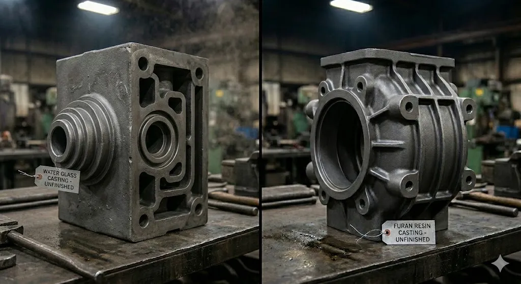 Direkter Vergleich unfertiger schwerer Industriegussteile: Wasserglas-Sandguss (links) vs. Furanharz-Sandguss (Rechts).