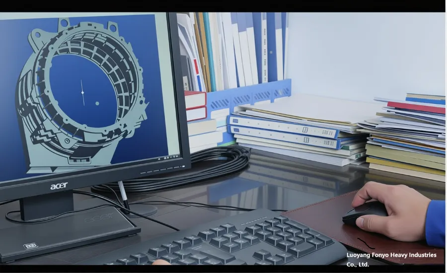 Engineer operating computer with 3D model of railway casting parts displayed on screen