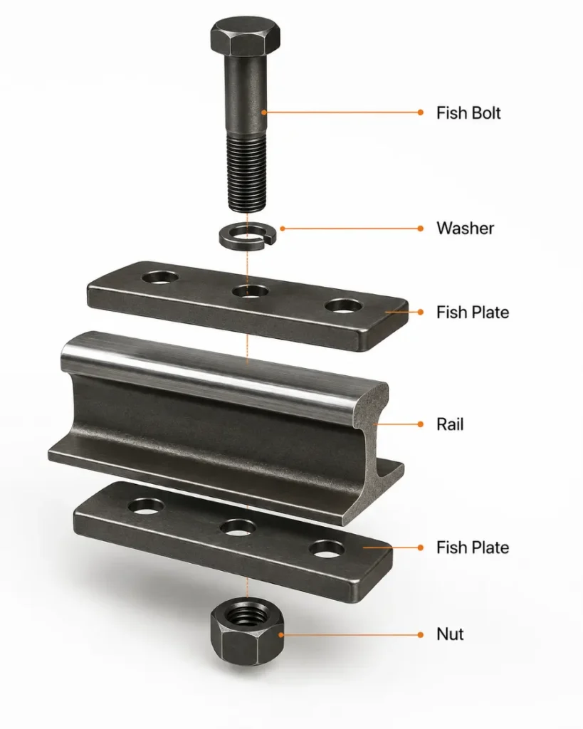 3D exploded view of fish bolt assembly showing bolt, washer, nut, fish plates and rail components in railway fastening system.