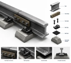 railway track parts and integrated fastening system with rail, fish plate, fish bolt, rail clip, rail pad, crossing board and sleeper