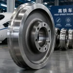 Forged high-speed railway wheel displayed in a modern manufacturing facility for passenger train applications, highlighting precision engineering and surface finishing quality.