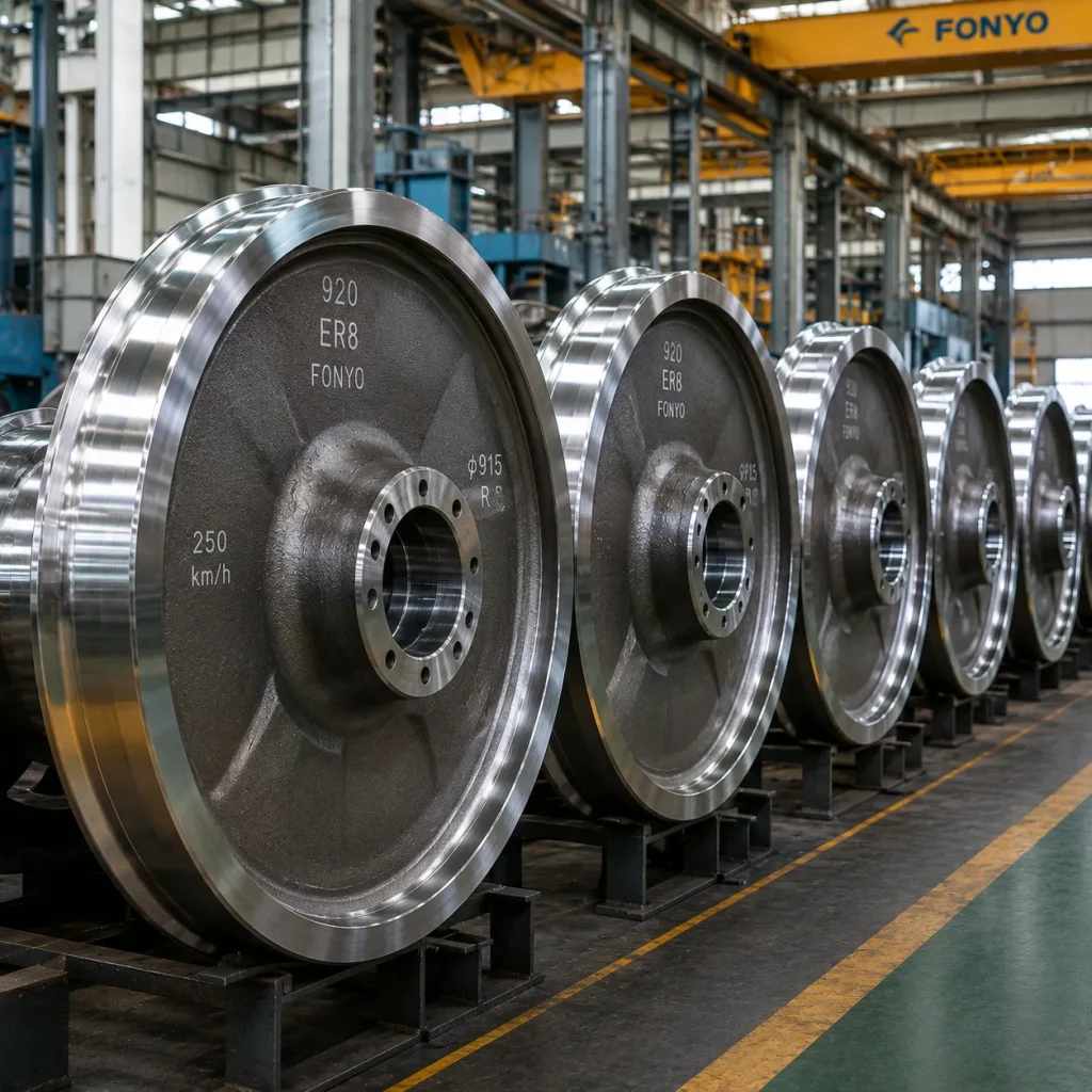 Forged high-speed railway wheels arranged in a production or inspection setting for passenger rail applications