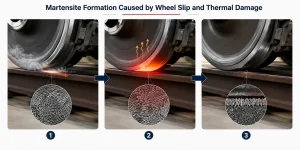Illustration montrant comment le glissement et la surchauffe des roues entraînent la formation de martensite dans la bande de roulement des roues ferroviaires..