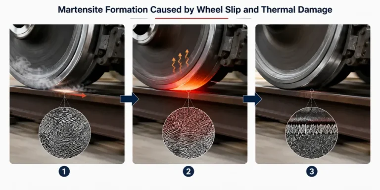 Illustration montrant comment le glissement et la surchauffe des roues entraînent la formation de martensite dans la bande de roulement des roues ferroviaires..