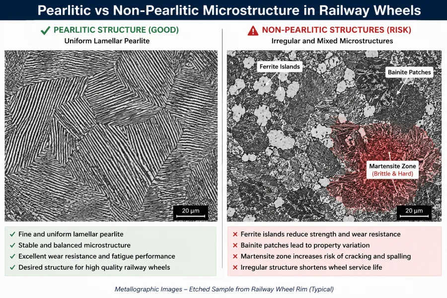 Microstructure comparison showing pearlitic railway wheel steel versus non-pearlitic structures such as ferrite and martensite.