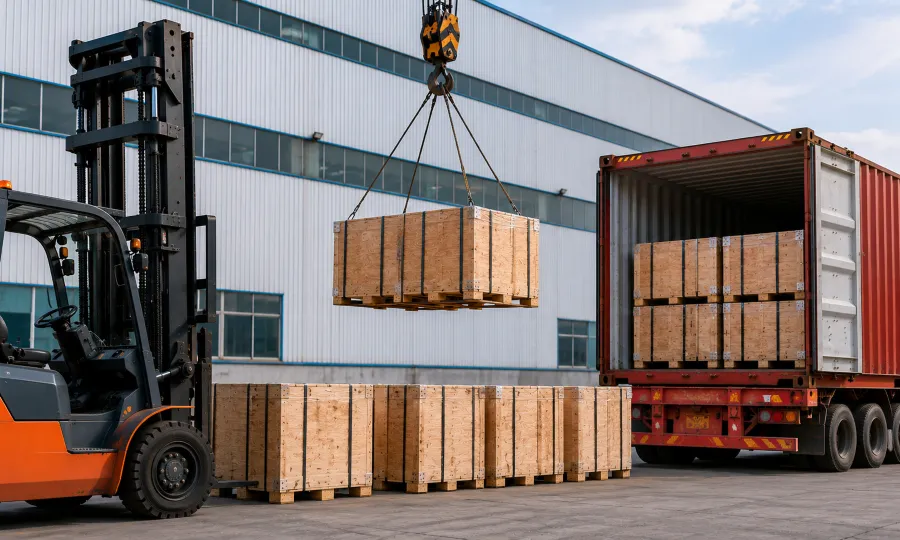 Eksportkasser af træ, der indeholder komponenter til jernbanestålstøbegods, der læsses i en skibscontainer på et industrielt produktionsanlæg.