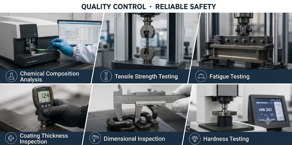 Quality control testing of railway track components including chemical composition analysis, tensile strength testing, fatigue testing, coating thickness inspection, Maßprüfung, and hardness testing for rails, Fischteller, fish bolts, Schienenklemmen, Schienenpolster, and sleepers.