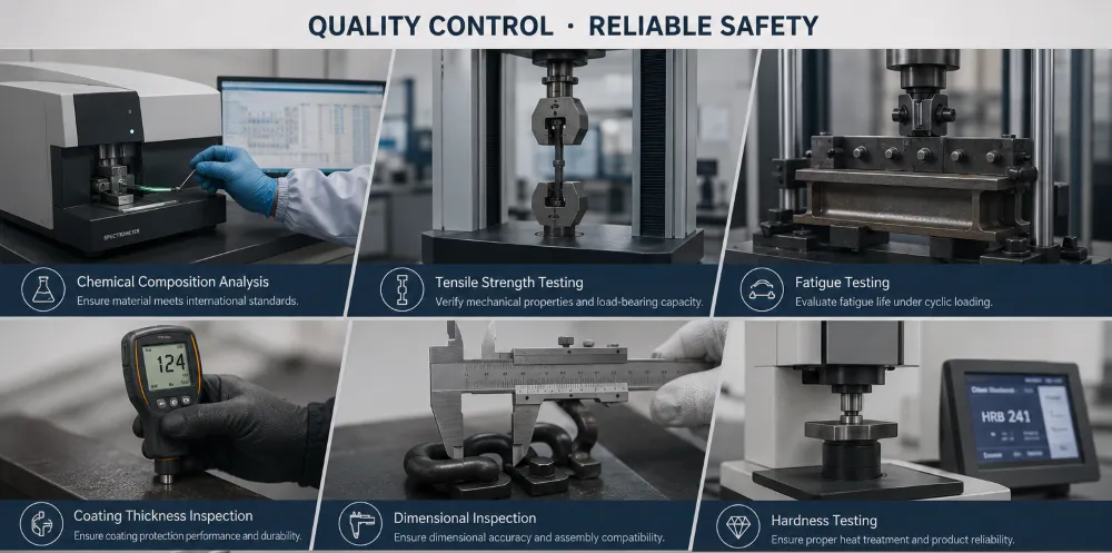 Quality control testing of railway track components including chemical composition analysis, tensile strength testing, fatigue testing, coating thickness inspection, 치수검사, and hardness testing for rails, fish plates, 물고기 볼트, rail clips, rail pads, and sleepers.