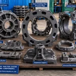 Railway traction motor casting components including motor retaining rings, end covers, housings, bearing supports, and structural mounting parts displayed in a foundry workshop