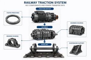 Diagramm des Eisenbahn-Traktionssystems, das den Kraftübertragungspfad vom Traktionsmotor zum Getriebe und zum Radsatz zeigt, mit wichtigen Bahnantriebsteilen einschließlich Statorpressring, Getriebegehäuse, Lagergehäuse, und Federungsunterstützung.