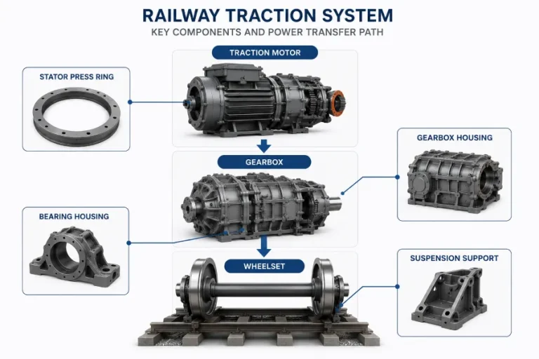 Railway traction system diagram showing the power transfer path from traction motor to gearbox and wheelset, with key railway traction parts including stator press ring, gearbox housing, bearing housing, and suspension support.