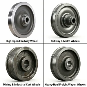 Four types of railway wheels including high-speed railway wheel, subway and metro wheels, mining and industrial cart wheels, and heavy haul freight wagon wheels