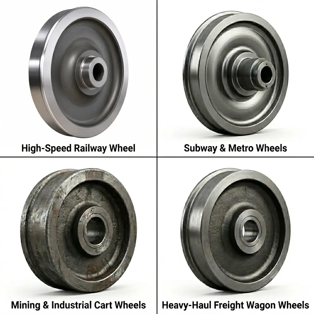 Four types of railway wheels including high-speed railway wheel, subway and metro wheels, mining and industrial cart wheels, and heavy haul freight wagon wheels