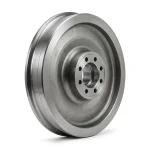 Forged metro wheel with precision CNC machined tread and flange profile on a clean white background.
